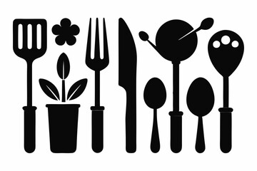 set of cutlery icon line art silhouette vector illustration