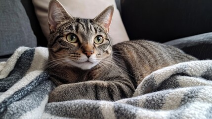 Obraz premium A Cozy Striped Cat on a Blanket