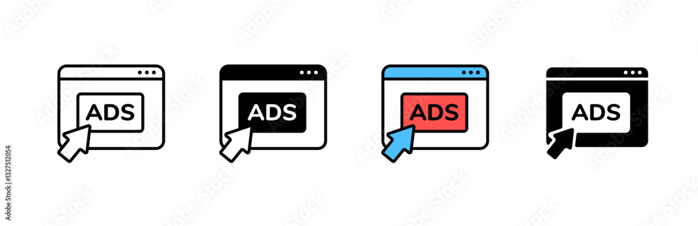 Poster four vector icons of pop up ads with a cursor clicking on them, shown in different color styles.