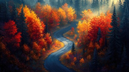 Autumn forest road winding through colorful trees. Aerial view. Stock photo