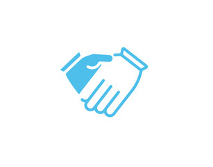 A clean and simple blue handshake icon representing agreement, collaboration, and unity in design.
