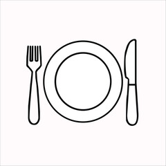 Minimalist Line Drawing Vector of a Classic Dining Place Setting with Plate, Fork, and Knife for Etiquette and Tableware Themes