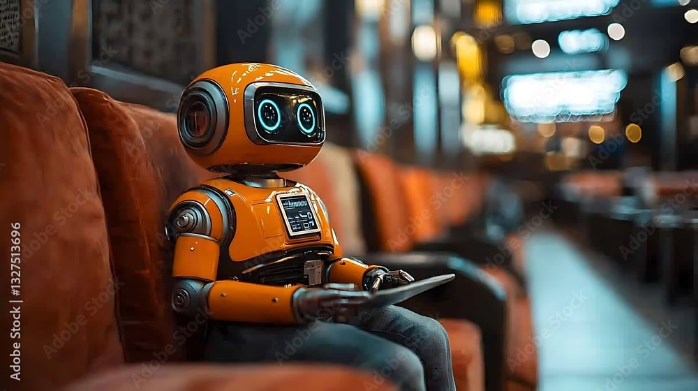 Poster Orange Robot using Tablet in Lounge Setting