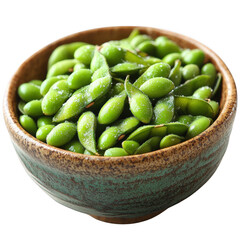 Fresh bowl of edamame beans with sea salt isolated on white background.PNG
