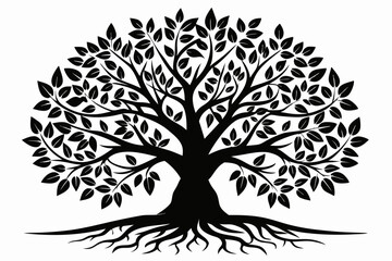 Fototapeta premium tree with leaves and roots line art silhouette vector illustration