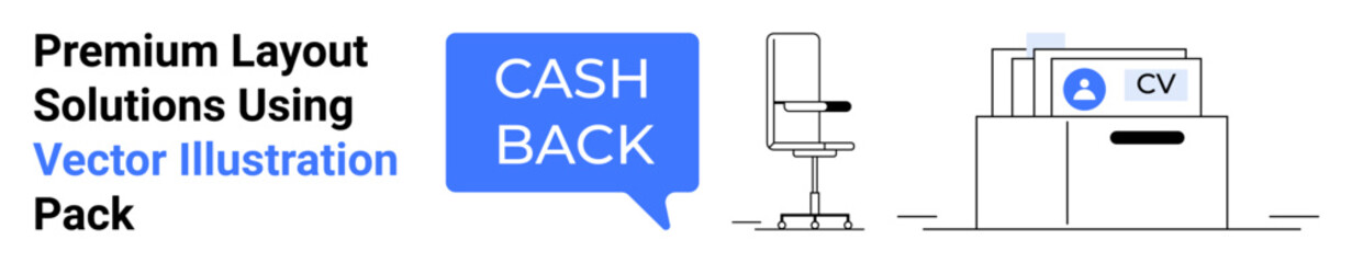 Fototapeta premium Cashback speech bubble, modern office chair, and CV folder in a desk drawer. Ideal for business promotion, recruitment, cashback offers, office solutions, HR services, career websites flat landing