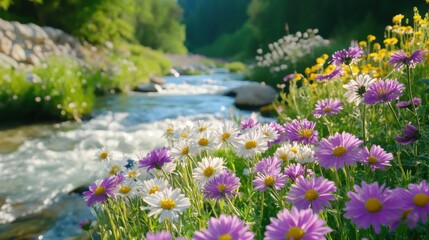 Colorful Wildflowers by a Serene River in Soft Focus