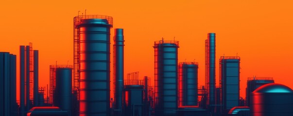 Industrial sunset view over oil refinery urban environment digital art vibrant colors aesthetic perspective for enhanced imagery