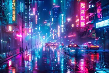 A futuristic city scene with tall buildings, neon lights, and holographic displays, A futuristic cityscape with neon lights and holographic displays