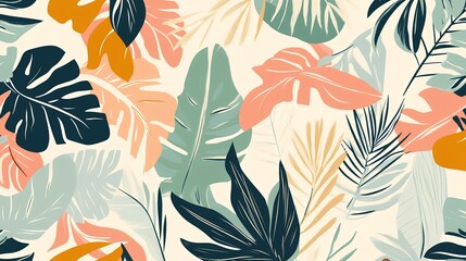 Vibrant tropical leaf pattern in muted pastel and earthy tones, featuring various stylized foliage