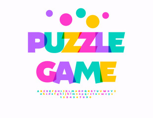 Vector Educational sign Puzzle Game. Bright Children Font. Joyful Alphabet Letters and Numbers set.