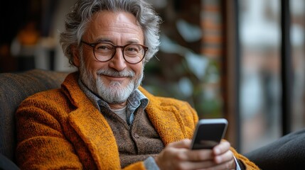Smiling senior man using phone in cafe by window