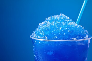 Close-up of blue slush drink with straw in plastic cup in blue minimalist background 