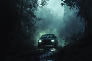 A vehicle drives through a misty forest road at night