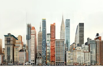A colorful illustration of the diverse architectural styles of the New York City skyline, The diverse mix of architectural styles in New York's skyline