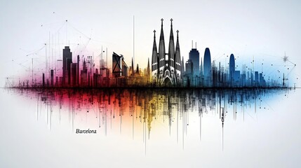 Fototapeta premium Stylish modern designed skyline silhouette of the city of Barcelona, in the colors of the national flag. Tourism concept.