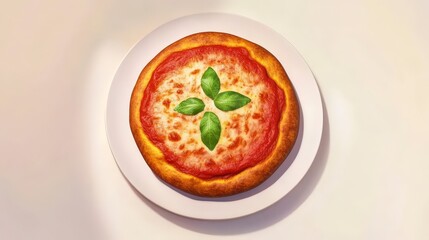 A mouthwatering pizza with a perfect crust and fresh basil. Enjoy this Italian culinary masterpiece on a white plate.