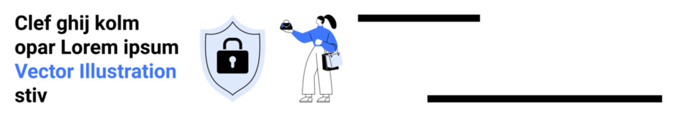Female character holding a device near a security shield with a lock. Ideal for cybersecurity, data privacy, online safety, technology, digital communication, authentication, flat landing page banner