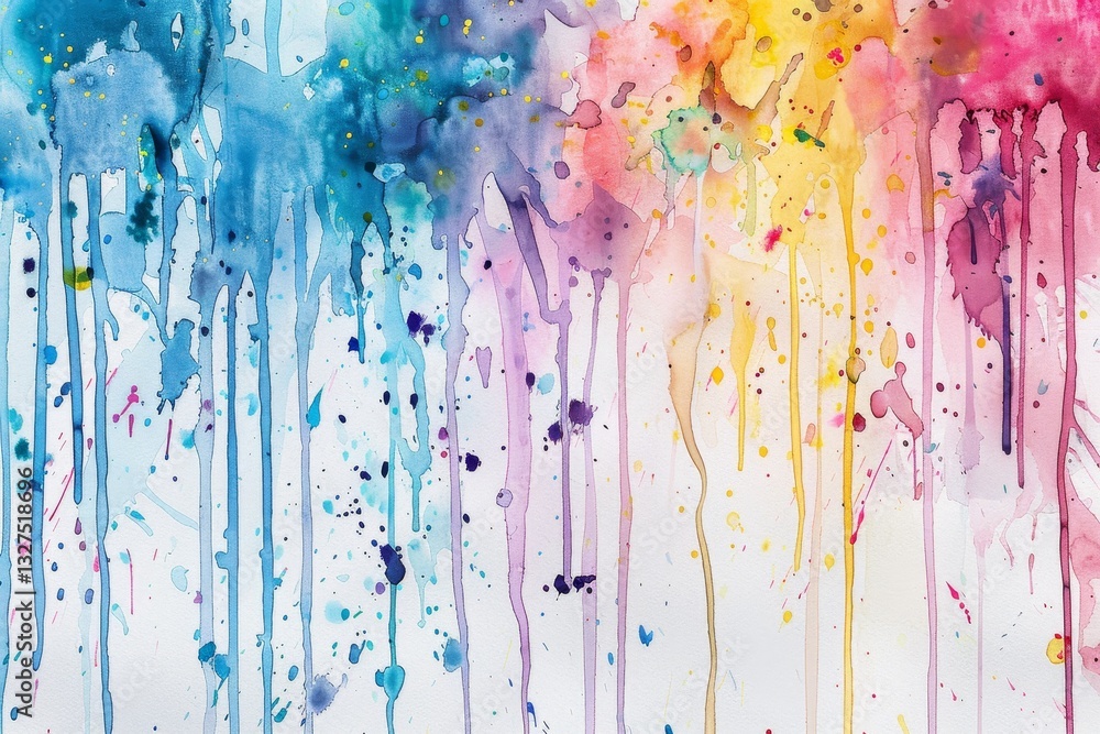 Aufkleber a close-up of colorful watercolor paint splattered and dripped onto white paper, creating a whimsica