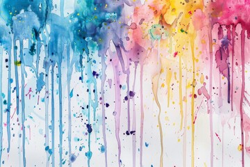 A close-up of colorful watercolor paint splattered and dripped onto white paper, creating a whimsical and abstract design, Whimsical splatters and drips adding depth to a watercolor creation