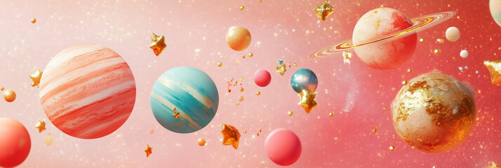A vibrant and cosmic solar system illustration with planets and golden stars on a soft pink background, perfect for educational or children decor projects, banner