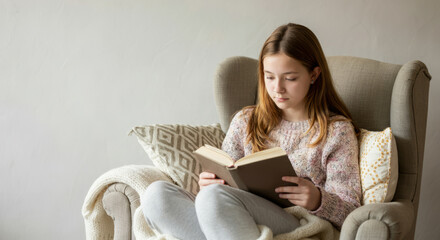 Caucasian teen girl reading a book in a comfortable armchair at home