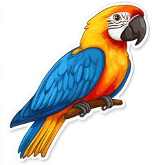 Fototapeta premium Vibrant macaw perched on a branch, showcasing its striking blue, yellow, and red plumage. A colorful illustration of a tropical bird.