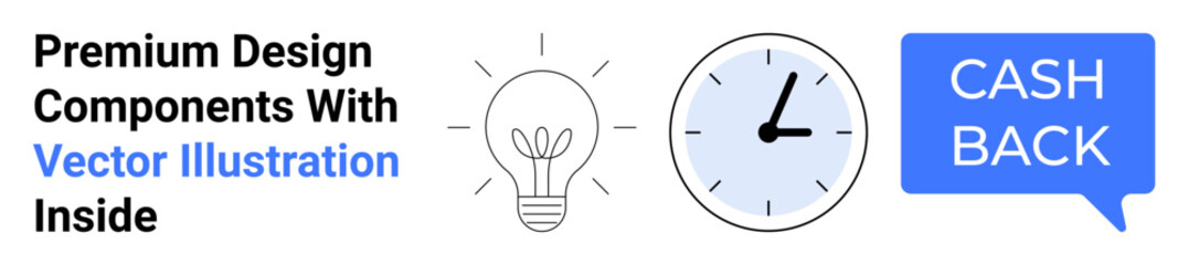 Lightbulb with sprout symbolizing innovation, clock for time management, and cashback speech bubble. Ideal for productivity, creativity, time efficiency, business solutions, rewards, financial