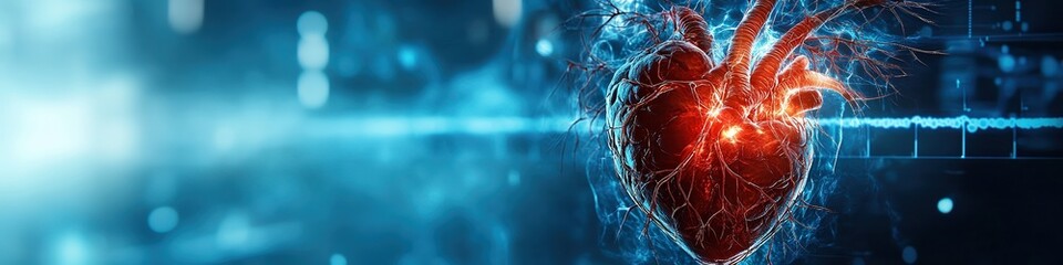  High-tech digital heart with glowing pulse line, representing cardiology, healthcare technology, and advancements in medical science.