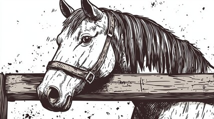 Close-up of an outlined black ink drawing of a large horse with a hand-carved wooden tool. The image features a rusty iron metal blade, symbolizing ox labor