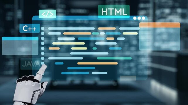 A robotic hand engages with a floating display of colorful programming code in a futuristic city, showcasing various languages like HTML, Java, and Python. Auvana
