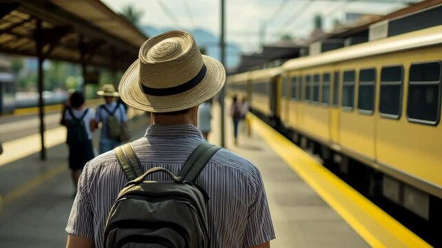 A solitary traveler at a vibrant train station, wearing a stylish hat and carrying a sturdy backpack, captures the essence of summer vacations and the promise of unforgettable adventures ahead