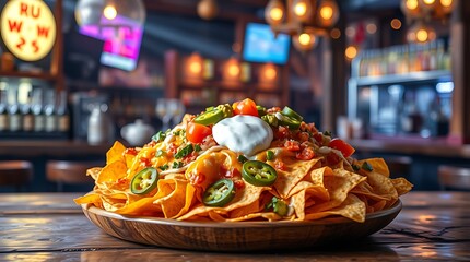 Loaded Nachos with Melted Cheese, Guacamole, and Sour Cream &ndash; Ultimate Party Snack/ A sizzling hot plate of loaded nachos with melted cheese, guacamole, jalape&ntilde;os, diced tomatoes, and sour cream, serv