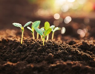 Enchanting alchemy of gardening soil where humble seeds transform into thriving plants, bathed in golden sunlight, symbolizing growth, renewal, and the magic of nature’s cycle in a lush organic