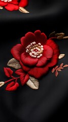 Intricate red floral embroidery on black fabric.  A stunning close-up showcasing meticulous detail.