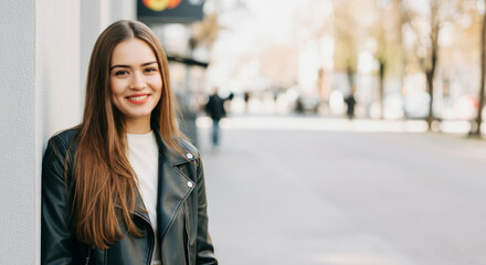 Fototapeta premium Young caucasian female smiling outdoors in casual leather jacket