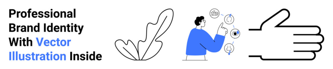 Professional branding visuals with a man exploring social connection icons, an abstract leaf, and a hand symbol. Ideal for marketing, design, identity, creativity, networking, communication flat