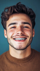 Fototapeta premium A youthful, cheerful guy with braces and a confident expression, captured in vibrant, natural style, perfect for orthodontic and dental care content