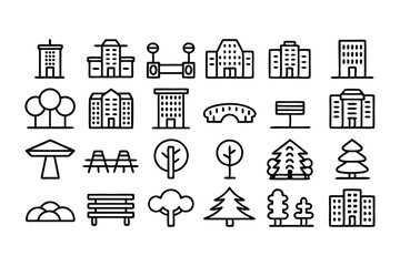 green city editable stroke outline icons set isola