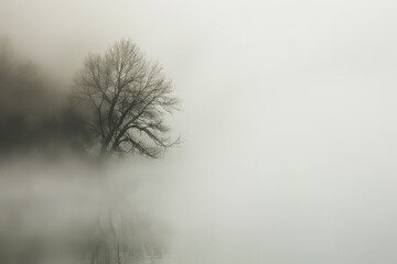 A solitary tree stands tall amidst a thick layer of fog, with its branches reaching upwards towards the cloudy sky, Floating strands of fog
