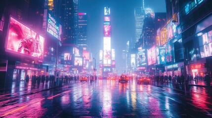 Obraz premium Nighttime city street scene, vibrant neon lights reflecting on wet pavement