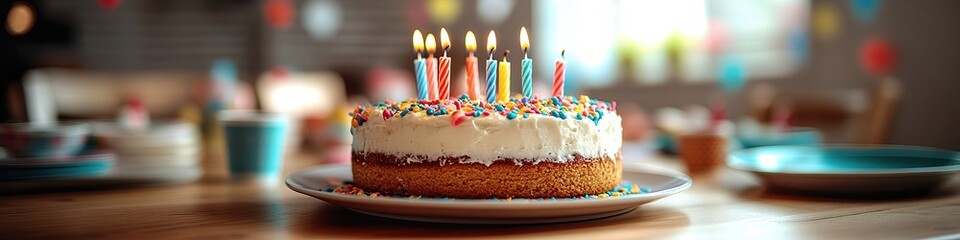  Festive birthday cake topped with colorful candles, placed on a wooden table, surrounded by decorations and blurred party elements in the background.