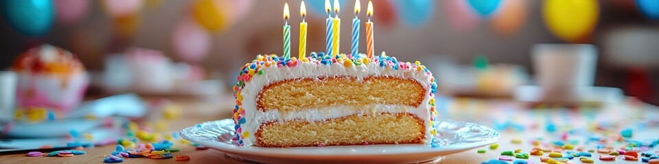  Leftover cake with melted candles, half-eaten on plate, messy joyful birthday party table in background filled with plates and cups, capturing nostalgia and celebration.
