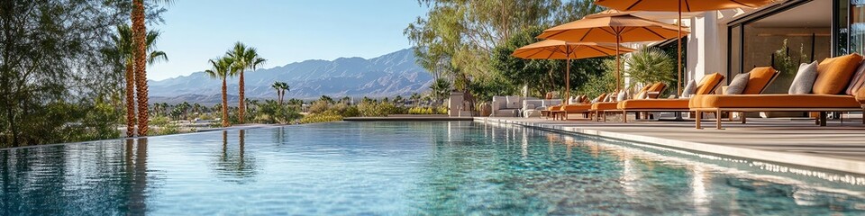 Obraz premium Luxurious poolside scene with crystal-clear water reflecting sun, blurred stylish lounge chairs, umbrellas, and stunning desert view, capturing Palm Springs retreat.