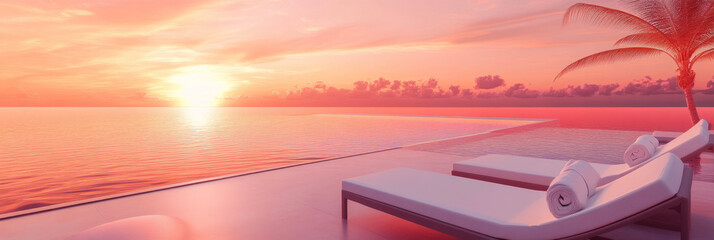 Obraz premium A peaceful poolside scene with a lounge chair, white towels on a minimalist deck and an infinity pool glowing under a pink sunset, offering a tranquil and romantic mood in a coastal luxury aesthetic