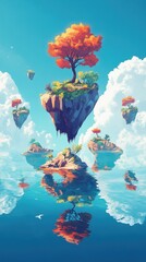 Floating islands with trees and their beautiful reflections in water