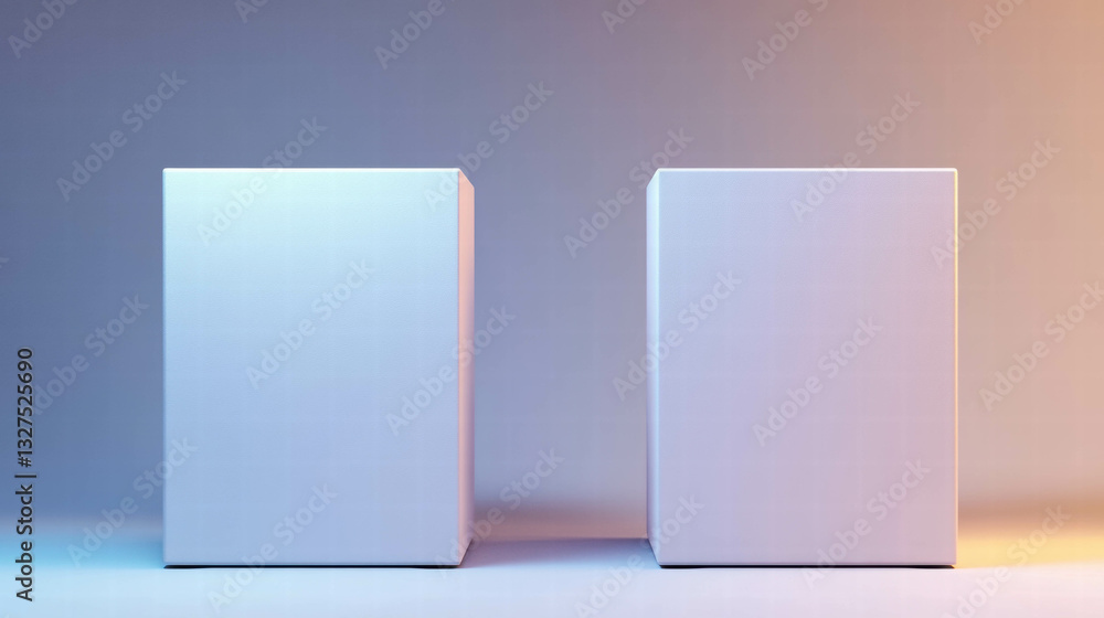 Poster minimalist geometric design with two identical gray cubes on abstract background