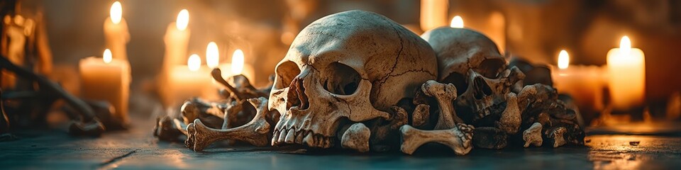 Obraz premium Pile of mixed animal skulls and bones arranged artistically, blurred flickering candles and antique wooden table in background, evoking mystery and ritualistic symbolism.