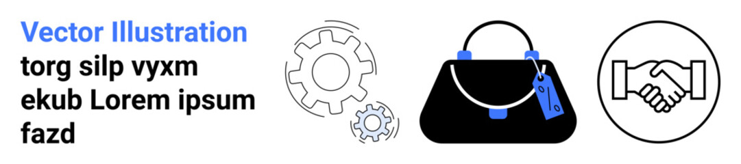 Handbag with tag, gear, and handshake symbol. Ideal for business, innovation, teamwork, fashion, retail, branding e-commerce flat landing page banner