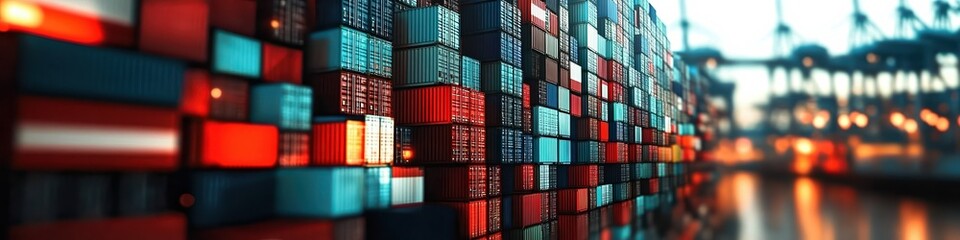 Fototapeta premium Stacked shipping containers in a busy port, illuminated by industrial lighting, representing global trade, logistics, and commerce in a modern supply chain.